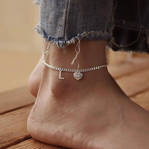 Stainless Steel Silver Initial Heart Anklet For Women Personalized Letter Zirconia Cuban Link Chain Anklet Minimalist Foot Jewelry Gift