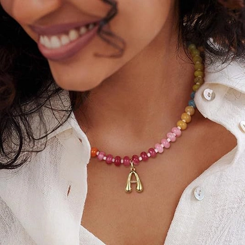Colorful Beaded Initial Necklace Gold Bubble Letter Pendant Choker Women Summer Jewelry Copper Gemstone Neck Accessory