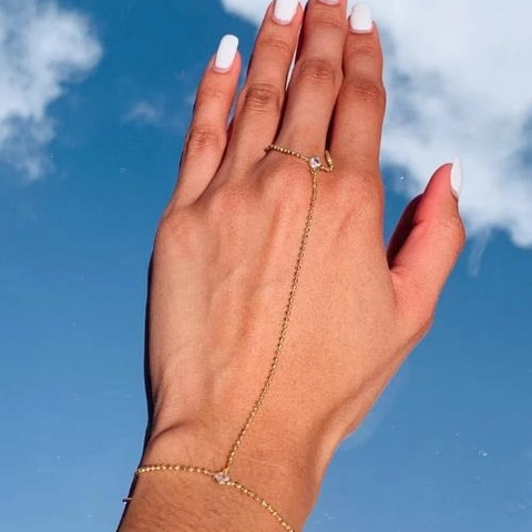 Minimalist Gold Plated Alloy Hand Harness Hand Chain With Cubic Zirconia Finger Ring Bracelet For Women Bohemian Fashion Jewelry