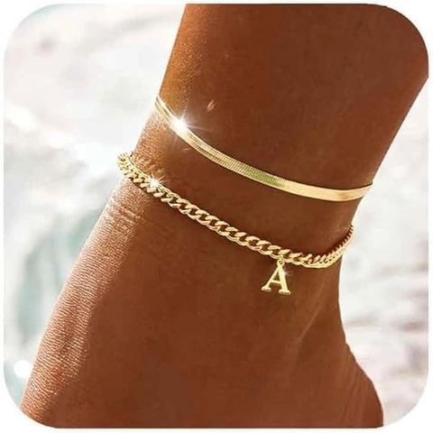Stainless Steel Gold Layered Anklet For Women Initial Letter Pendant Snake Chain Curb Chain Double Layer Beach Jewelry