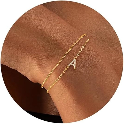 Layered Initial Letter Pendant Bracelet Gold Plated Copper Zirconia Double Fine Chain Alphabet A-Z Hand Jewelry For Women