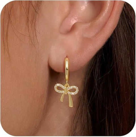 Elegant Bowknot Drop Earrings With 14k Gold Earring Post For Women Fashion Copper Zirconia Bow Hoop Dangle Earrings Jewelry