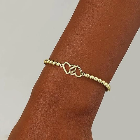 Gold Plated Stainless Steel Beaded Bracelet For Women Interlocking Heart Infinity Knot Round Beads Elegant Fashion Jewelry Gift