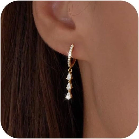 Luxury Brass White Zircon Waterdrop Round Dangle Hoop Earrings With Silver Earring Post For Women Wedding Party Jewelry