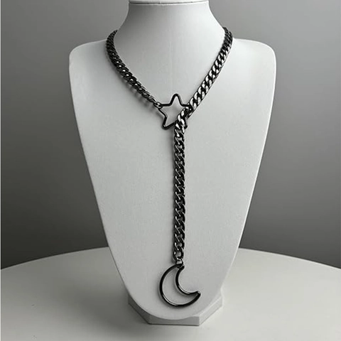 Collana Lariat in Acciaio Inossidabile Luna Stella Punk Gotico Maglia Cubana a Forma di Y Catena Regolabile Gioielli per Uomo Donna
