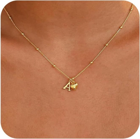 Moda Placcato Oro Rame Catena a Sfere Satellite Cuore Ciondolo Collana per Donna Gioielli Personalizzati con Iniziale Regalo