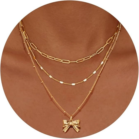 Mode Mehrlagige Büroklammer Kette Halskette Für Damen 14K Gold Silber Plattiert Schleife Kreuz Anhänger Kupfer Schmuck