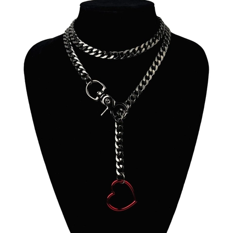 Punk Stainless Steel Layered Necklace With Heart Pendant Cuban Chain Y-Shape Carabiner Clasp Hip Hop Streetwear Jewelry