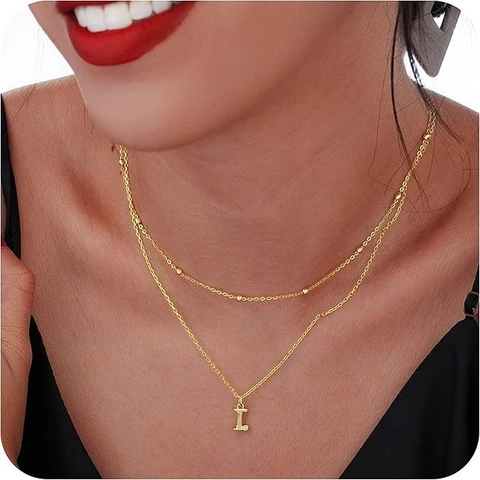 Stainless Steel Double Layer Beaded Necklace With Zirconia Initial Letter Pendant For Women Gold Plated Fashion Jewelry
