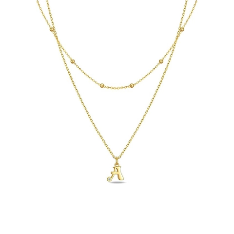 Stainless Steel Double Layer Beaded Necklace With Zirconia Initial Letter Pendant For Women Gold Plated Fashion Jewelry