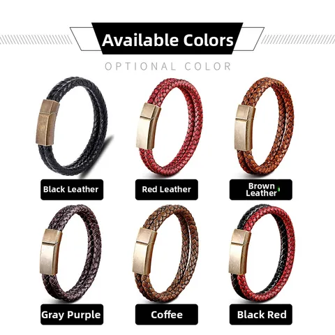 Men Punk Double Strand Braided Leather Bracelet With Stainless Steel Magnetic Clasp Retro Woven Wristband Fashion Jewelry