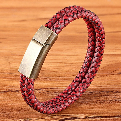 Vintage Punk Geflochtenes Lederarmband Für Herren Damen Doppelschicht Edelstahl Magnetverschluss Retro Geflochtenes Armband Schmuck