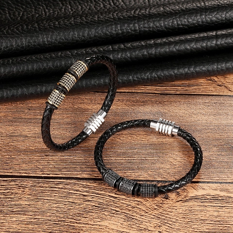 Heren Gevlochten Leren Armband Met Titanium Staal Zirkoon Ingelegde Magneetsluiting Hip Hop Punk Rock Polsband Sieraden Cadeau