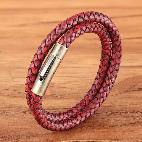 Vintage Multilayer Braided Leather Bracelet With Stainless Steel Magnetic Clasp Retro Punk Jewelry Double Wrap Bracelet
