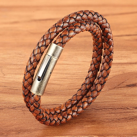 Vintage Multilayer Braided Leather Bracelet With Stainless Steel Magnetic Clasp Retro Punk Jewelry Double Wrap Bracelet