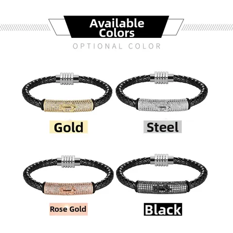 Trendy Braided Leather Bracelet With Stainless Steel Zirconia Inlaid Anchor Charm Magnetic Clasp For Men Women Nautical Jewelry