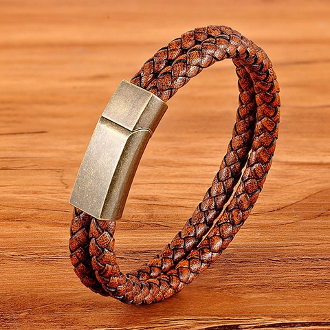 Men Punk Double Strand Braided Leather Bracelet With Stainless Steel Magnetic Clasp Retro Woven Wristband Fashion Jewelry