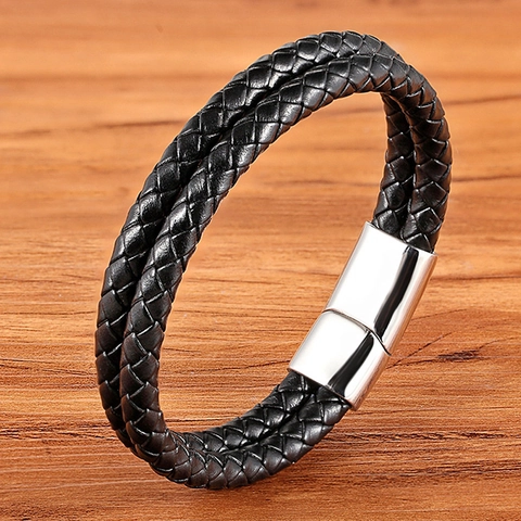 Fashion Braided Cowhide Leather Bracelet For Men Women Stainless Steel Magnetic Clasp Double Layer Wrap Handwoven Wristband Jewelry Gift