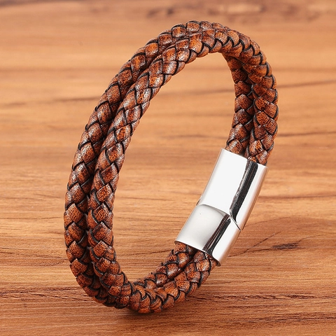 Fashion Braided Cowhide Leather Bracelet For Men Women Stainless Steel Magnetic Clasp Double Layer Wrap Handwoven Wristband Jewelry Gift