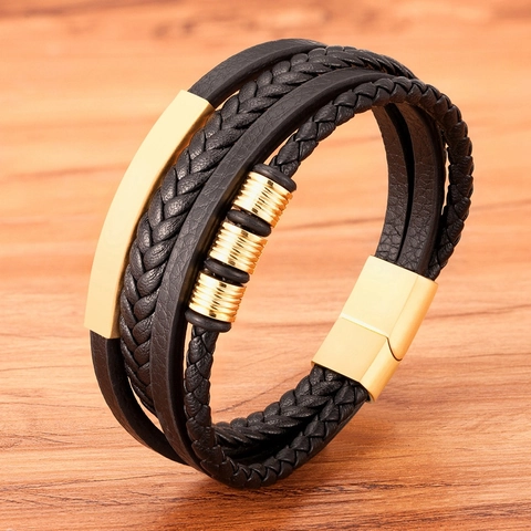 Men's Multi-layer Braided Leather Bracelet With Stainless Steel Magnetic Clasp Fashion Hand-woven Wristband Jewelry Accessory