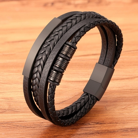 Men's Multi-layer Braided Leather Bracelet With Stainless Steel Magnetic Clasp Fashion Hand-woven Wristband Jewelry Accessory