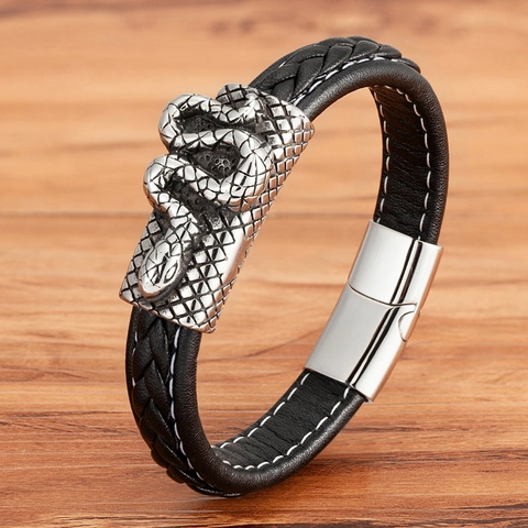 Herren Vintage Punk Geflochtenes Lederarmband Mit Edelstahl Magnetschnalle Totenkopf Schlange Eule Fuchs Tier Muster Biker Schmuck