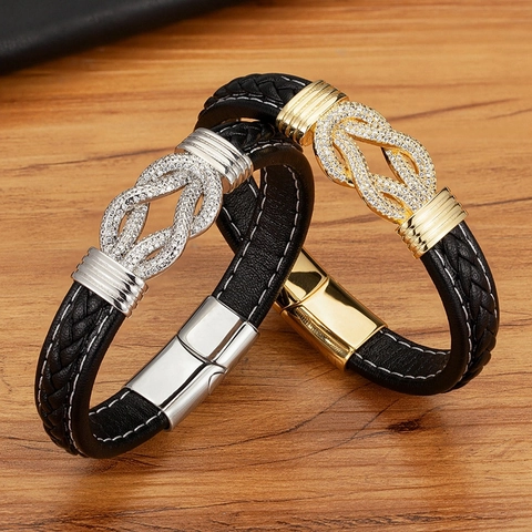 Men's Braided Leather Bracelet Stainless Steel Zirconia Infinity Knot Magnetic Clasp Fashion Punk Jewelry Accessories