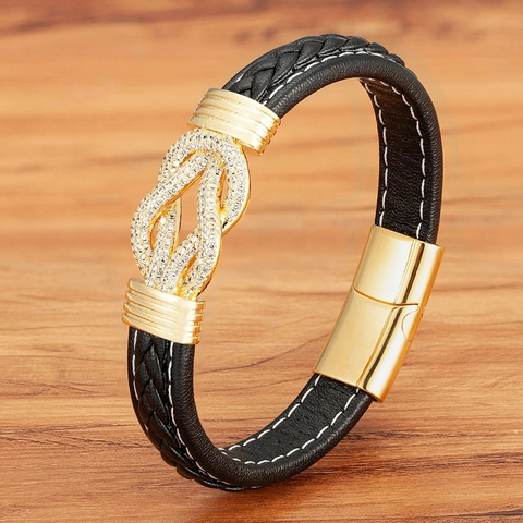 Men's Braided Leather Bracelet Stainless Steel Zirconia Infinity Knot Magnetic Clasp Fashion Punk Jewelry Accessories