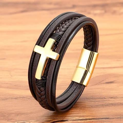 Herren Vintage Edelstahl Kreuz Mehrlagig Geflochtenes Lederarmband Mit Magnetverschluss Mode Religiöser Schmuck Geschenk