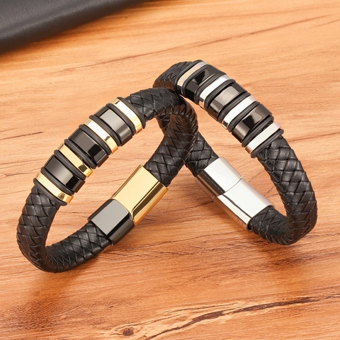 Herren Mode Geflochtenes Lederarmband Mit Edelstahl Anhängern Magnetverschluss Vintage Punk Stil Armband Schmuck Geschenk