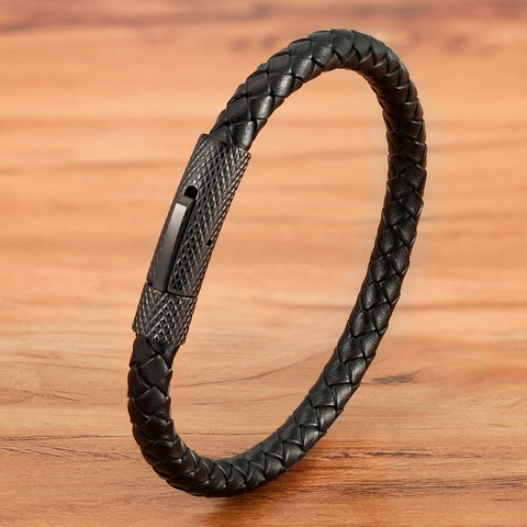 Herren Casual Geflochtenes Lederarmband Mit Gerändeltem Edelstahlverschluss Sportlich Mode Schmuck Schwarz Rot Braun Accessoire