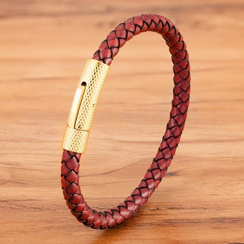 Herren Casual Geflochtenes Lederarmband Mit Gerändeltem Edelstahlverschluss Sportlich Mode Schmuck Schwarz Rot Braun Accessoire