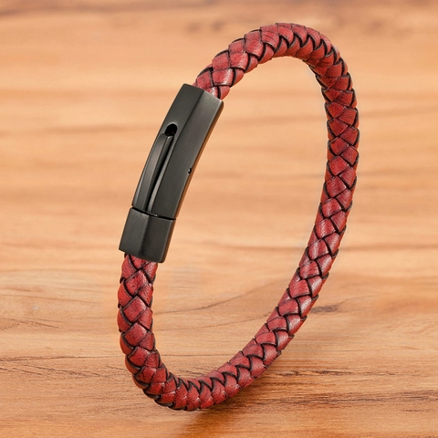Herren Geflochtenes Lederarmband Mit Edelstahl Magnetschließe Mode Lässiger Handgewebter Schmuck Für Männer Geschenk Schwarz Rot Braun