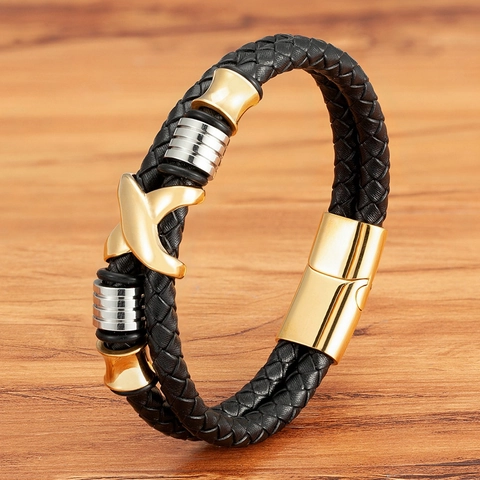 Herren Zweilagiges Geflochtenes Echtleder Armband Edelstahl X Symbol Magnetverschluss Punk Mode Armband Schmuck