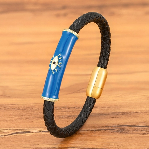 Mode Edelstahl Geflochtenes Leder Böser Blick Armband Für Herren Zirkonia Emaille Amulett Schmuck Mit Magnetverschluss Geschenk