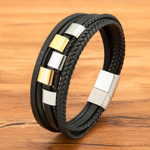 Mode Herren Mehrlagiges Lederarmband Mit Edelstahl Magnetverschluss Retro Geflochtene Kordel Metallgleiter Trendy Armreif