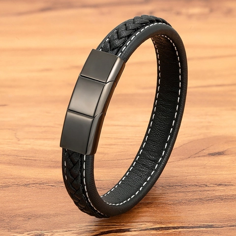 Men's Casual Braided Cowhide Leather Bracelet With Stainless Steel Magnetic Buckle Retro Fashion Wristband Jewelry