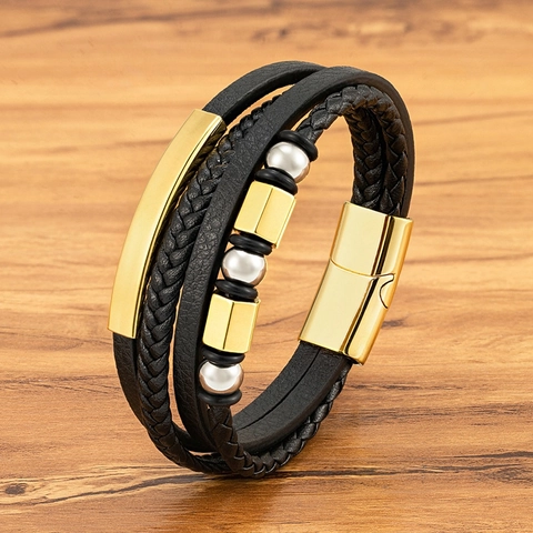 Bracciale in Pelle Intrecciata Multistrato da Uomo Con Perline in Acciaio Inossidabile Chiusura Magnetica Gioielli Urban Punk Regalo Uomo