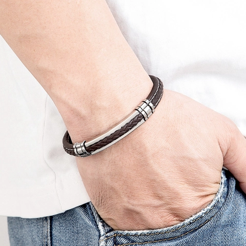 Pulsera de Acero Inoxidable de Cuero Tejido para Hombre Correa Trenzada Joyería de Moda Casual Regalo Para Padre Novio