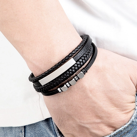 Heren Meerlagig Gevlochten Leren Armband Met Roestvrijstalen Magneetsluiting Goud Zilver Zwart Metalen Kralen Polsband Sieraden