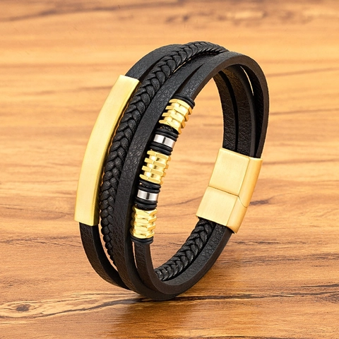Herren Mode Mehrlagiges Geflochtenes Lederarmband Mit Edelstahl Magnetverschluss Gold Schwarz Stahlfarbe Armband Schmuck Geschenk