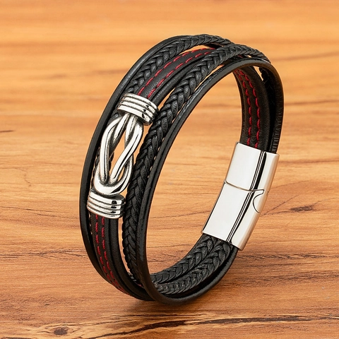 Men Multi-Layer Woven Leather Bracelet With Stainless Steel Magnetic Buckle Infinity Knot Red Stitching Fashion Jewelry
