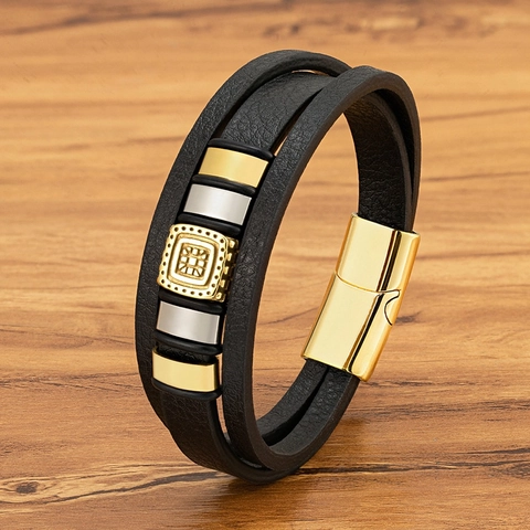 Men Multilayer Leather Bracelet Stainless Steel Magnetic Buckle Square Geometric Charm Punk Casual Fashion Wristband Jewelry