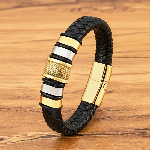 Men's Business Braided Leather Bracelet Stainless Steel Geometric Knurled Ring Magnetic Clasp Fashion Jewelry Gift Bangle