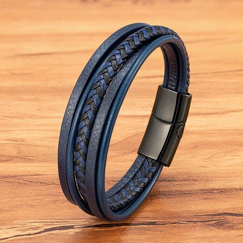 Men's Vintage Multi-Layer Braided Leather Bracelet Stainless Steel Magnetic Clasp Punk Urban Casual Fashion Wristband Jewelry Accessory