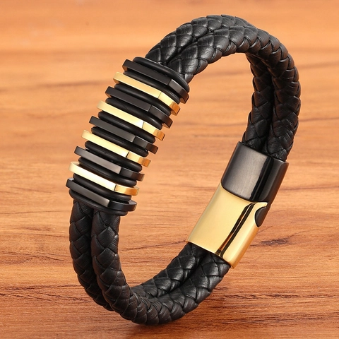 Men's Double Strand Braided Leather Bracelet With Stainless Steel Magnetic Clasp Fashion Business Casual Wristband Jewelry For Men Gift