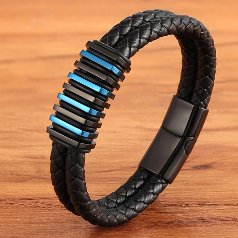 Men's Double Strand Braided Leather Bracelet With Stainless Steel Magnetic Clasp Fashion Business Casual Wristband Jewelry For Men Gift