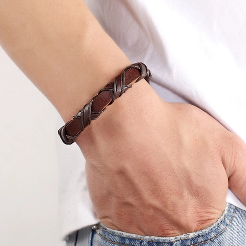 Bracciale Vintage in Vera Pelle Intrecciata per Uomo Donna Retro Punk Hip Hop Stile Etnico Cinturino Avvolgente Regolabile Regalo