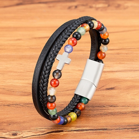 Bracelet en Cuir Multicouche pour Hommes Croix en Acier Inoxydable Perles en Pierre d'Oeil de Tigre Naturelle Agate Bracelet Tressé avec Fermoir Magnétique