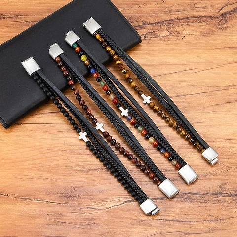 Bracelet en Cuir Multicouche pour Hommes Croix en Acier Inoxydable Perles en Pierre d'Oeil de Tigre Naturelle Agate Bracelet Tressé avec Fermoir Magnétique